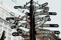 Close-up of a directional signpost with city names and distances in an urban setting.